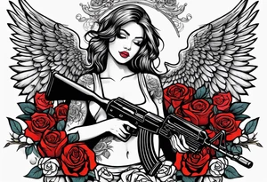 Beautiful angle standing from head to toe  with wings and tattoos surrounded by roses holding a ak 47 tattoo idea