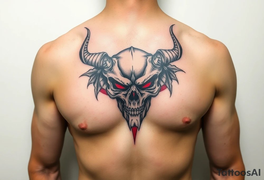 Demon skull black and red on left chest male tattoo idea