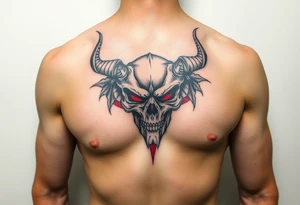 Demon skull black and red on left chest male tattoo idea