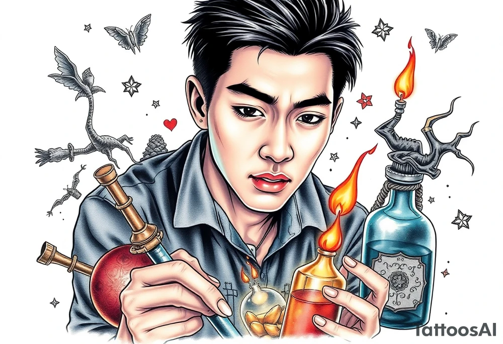 Handsome Asian young adult guy is  accidentally stumbled upon witch tools, supplies, artifacts, potions and exploring it curiously tattoo idea