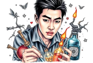 Handsome Asian young adult guy is  accidentally stumbled upon witch tools, supplies, artifacts, potions and exploring it curiously tattoo idea