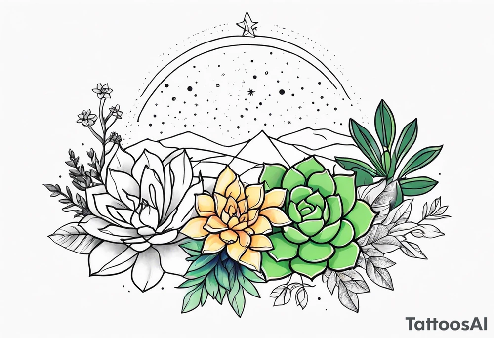 fine line with sun, stars, floral, dots, three succulents
. Sternum tattoo tattoo idea