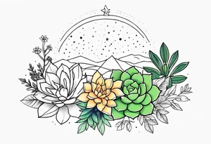 fine line with sun, stars, floral, dots, three succulents
. Sternum tattoo tattoo idea