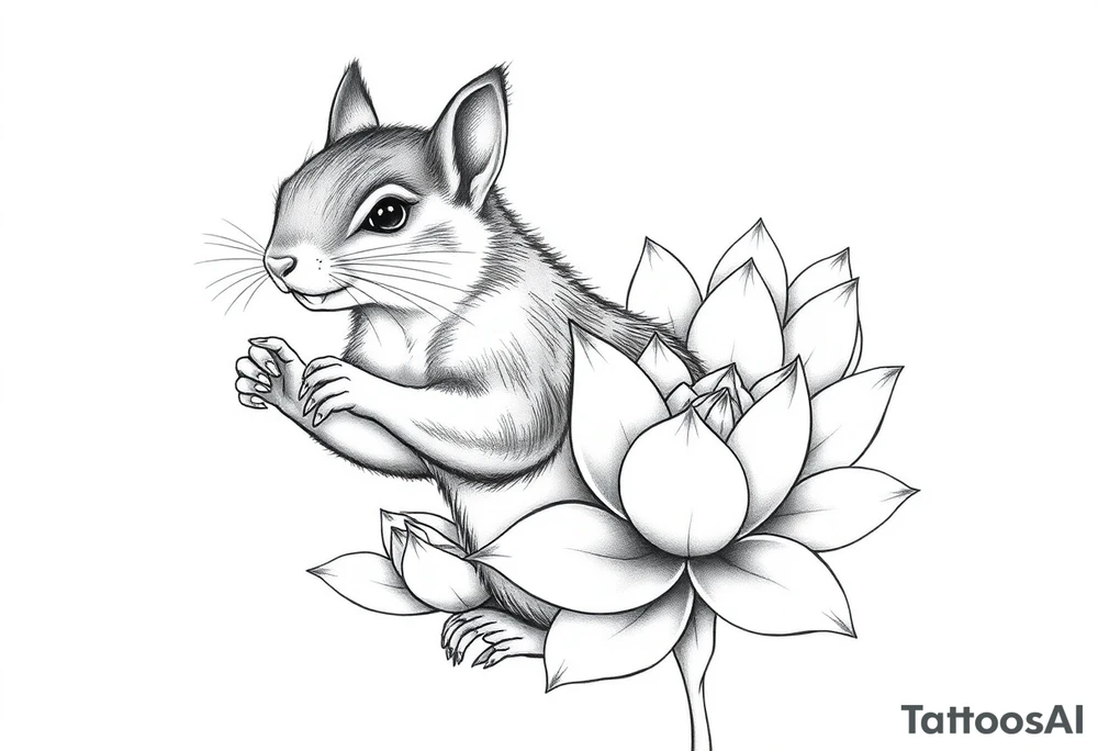 Fierce rabbid squirrel blooming lotus flowers tattoo idea