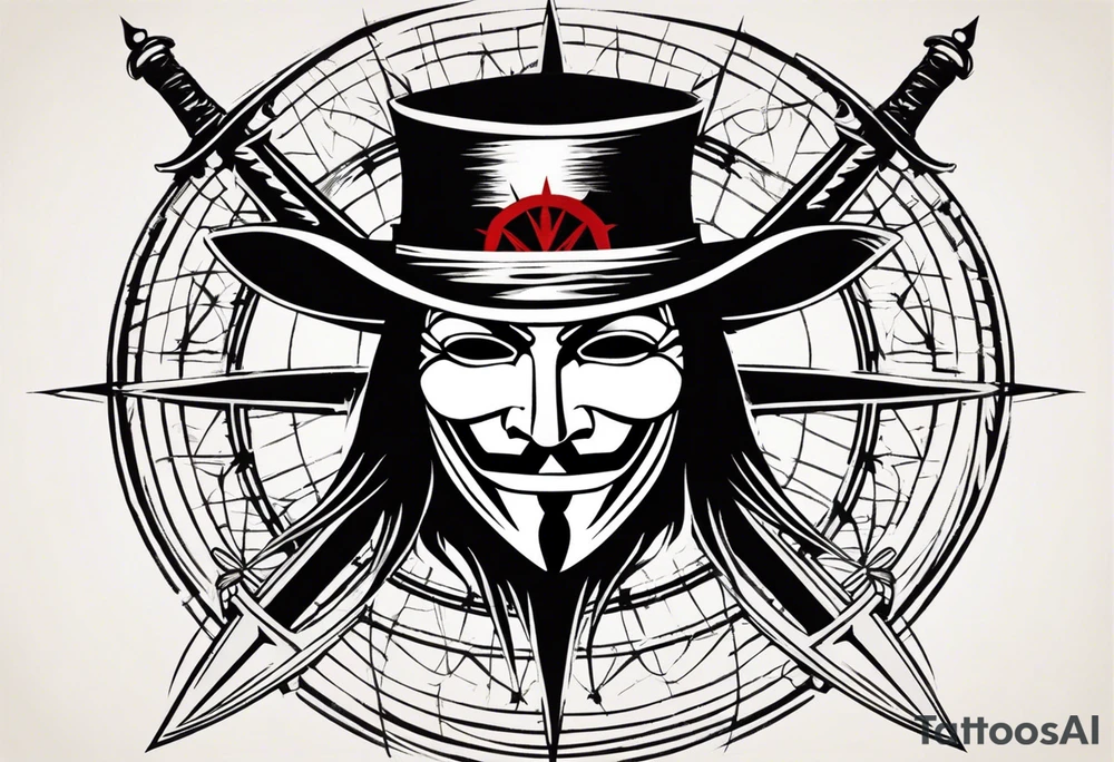Centered v for vendetta, mask only. No hat.   Vintage compass surround. Crossed fencing swords. tattoo idea