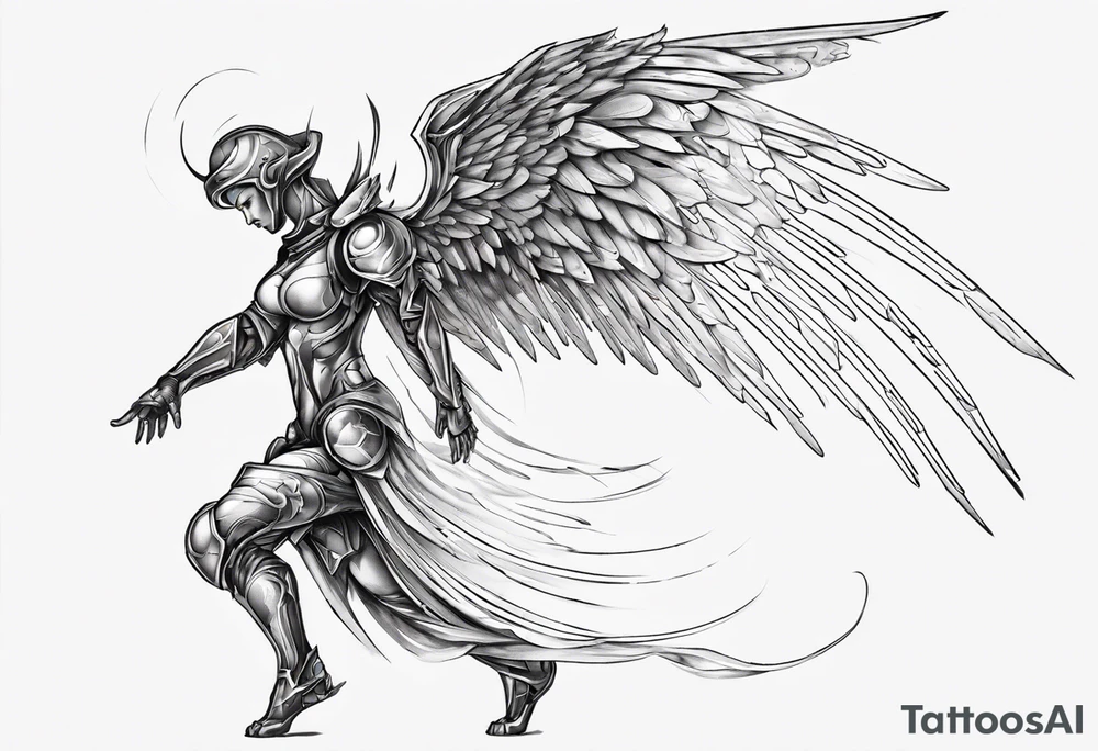 Side view of an angel wearing inorganic armor that is in mid-air stance tattoo idea