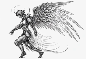 Side view of an angel wearing inorganic armor that is in mid-air stance tattoo idea
