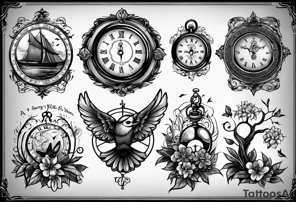 black and grey composition of three elements, 1), combination old school pocket watch and nautical compass, 2) a tree of life and 3) a doctor bird, connected together by lignum vitae flowers, on the arm 3/4 sleeve black and grey tattoo idea