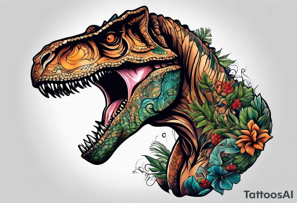 Greek god right arm sleeve with a small t-Rex tattoo idea
