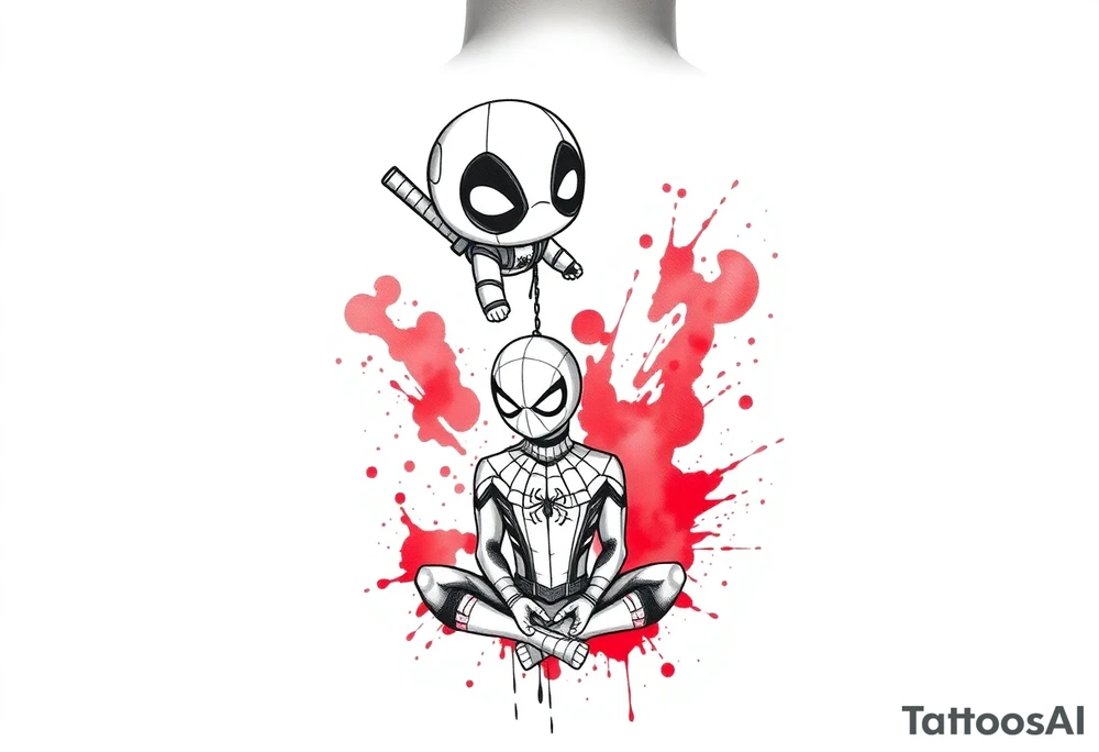 A vertical stacked tattoo design for a half-sleeve on a white background. At the top is a chibi Deadpool character in a bold ink sketch style. At the bottom is a chibi Spider-Man character sitting cross-legged in a loose pencil sketchbook style. High contrast black and grey shading. The two characters are connected by loose, energetic sketch lines and a thin spiderweb thread hanging between them. Dramatic, stylized splashes of bright, vibrant watercolor red ink splatter bursting out around both characters' suits, bleeding into the negative space. Tattoo flash sheet style, crisp linework. tattoo idea