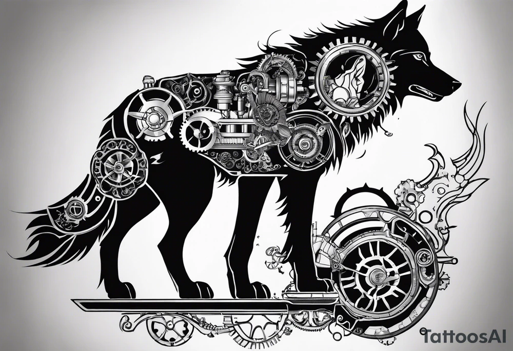 Powerful wolf powered by an engine featuring an "steampunk desing" in the image appears a psiton and a turbo, also the dseign must be vertical. Also, the desing must be minimalistic not saturated. This tattoo will be included in my leg tattoo idea
