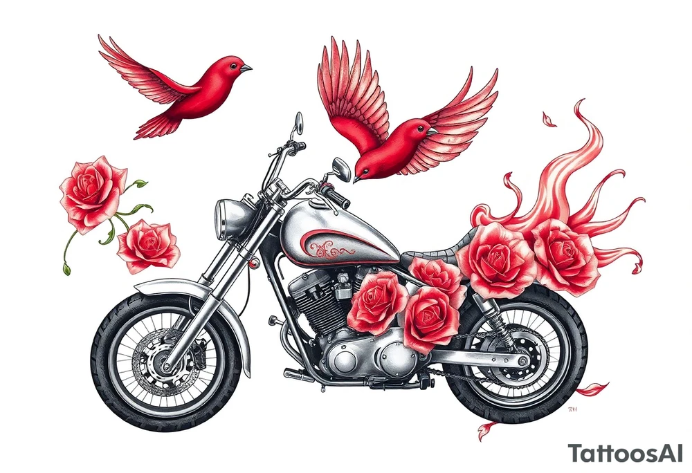Motorcycle, red bird flying, roses and lace, flames tattoo idea