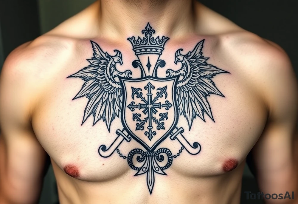 magnificent irish family crest with Demonic And mideval Featurs incorporated tattoo idea