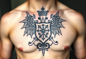 magnificent irish family crest with Demonic And mideval Featurs incorporated tattoo idea