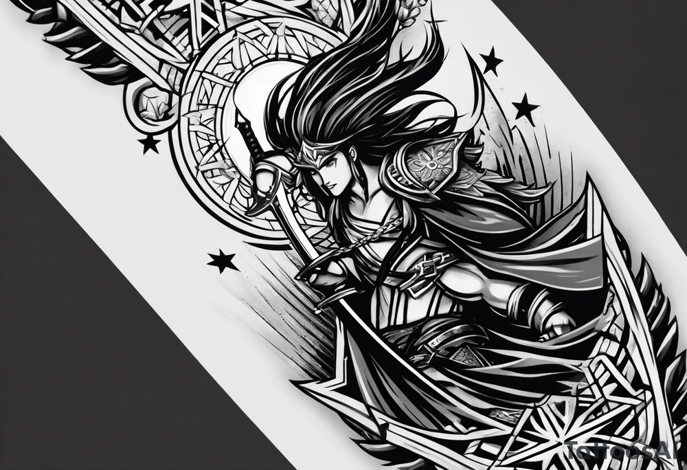 complete upper arm sleeve. Feature three mountain side by side, with 3 stars above them crossed sword patterns that evoke the Valkyrie spirit. Keep the design in clean, simple lines. tattoo idea