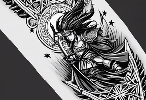 complete upper arm sleeve. Feature three mountain side by side, with 3 stars above them crossed sword patterns that evoke the Valkyrie spirit. Keep the design in clean, simple lines. tattoo idea