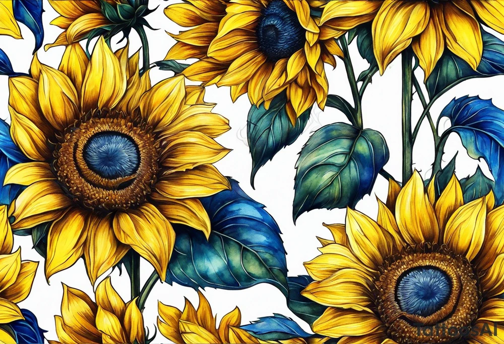 a yellow sunflower bloom with blue highlights tattoo idea