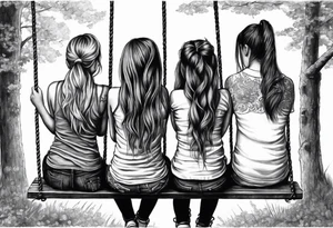 Three girls seen from behind sitting on a swing. One girl is older with long hair, another is middle-aged with shorter hair, and the youngest has two pigtails tattoo idea