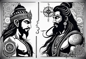 Lord Shiva and lord hanuman with a compass on background tattoo idea