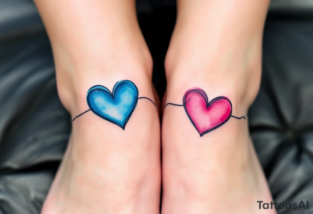 Two watercolor-style hearts—one blue, one pink—connected by a delicate black line across the ankles. tattoo idea