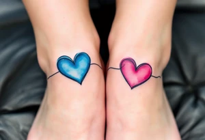 Two watercolor-style hearts—one blue, one pink—connected by a delicate black line across the ankles. tattoo idea