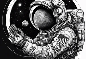 an astronaut hunched over in space from the back holding a planet in his hands tattoo idea