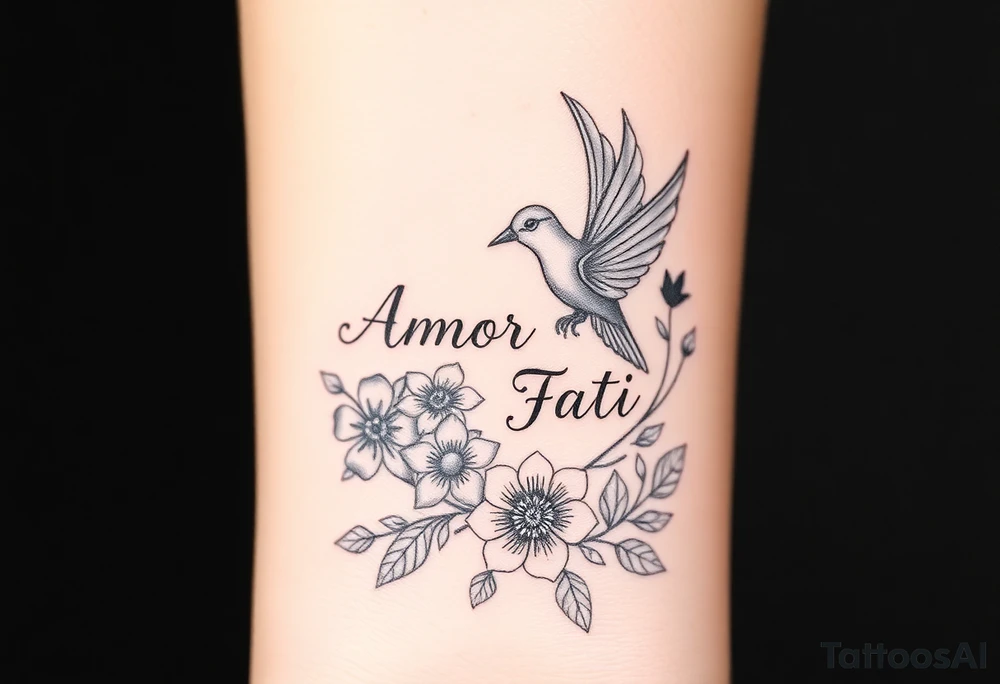 “Amor Fati” flowers colorful and bird tattoo idea