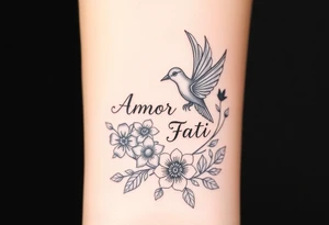 “Amor Fati” flowers colorful and bird tattoo idea