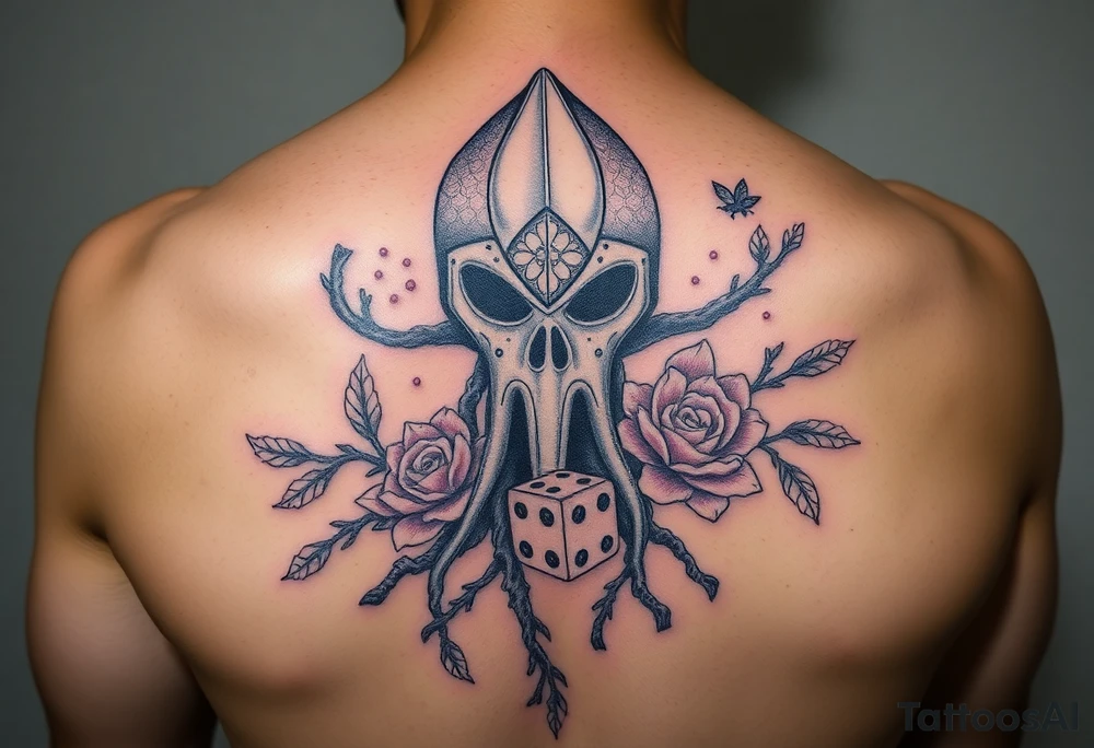 squid knight helmet combined with tree roots, cherry blossoms and roses rolling dice tattoo idea