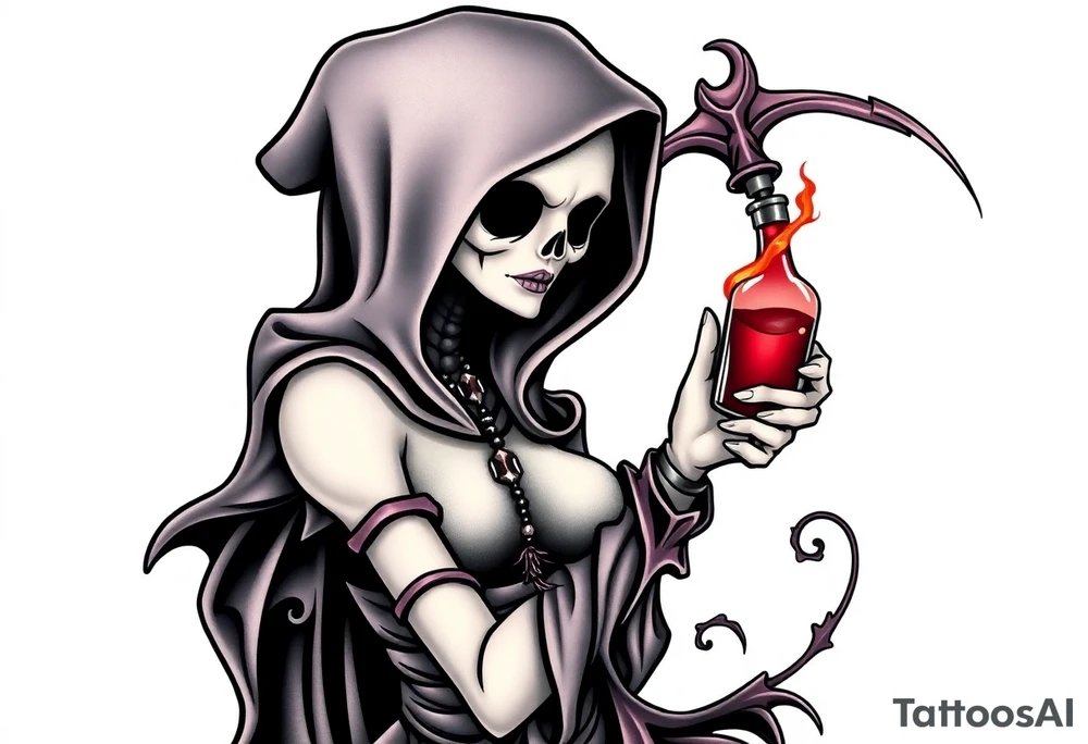 Sexy  xxx Female grim. Reaper drinking her
 death poison bottle tattoo idea