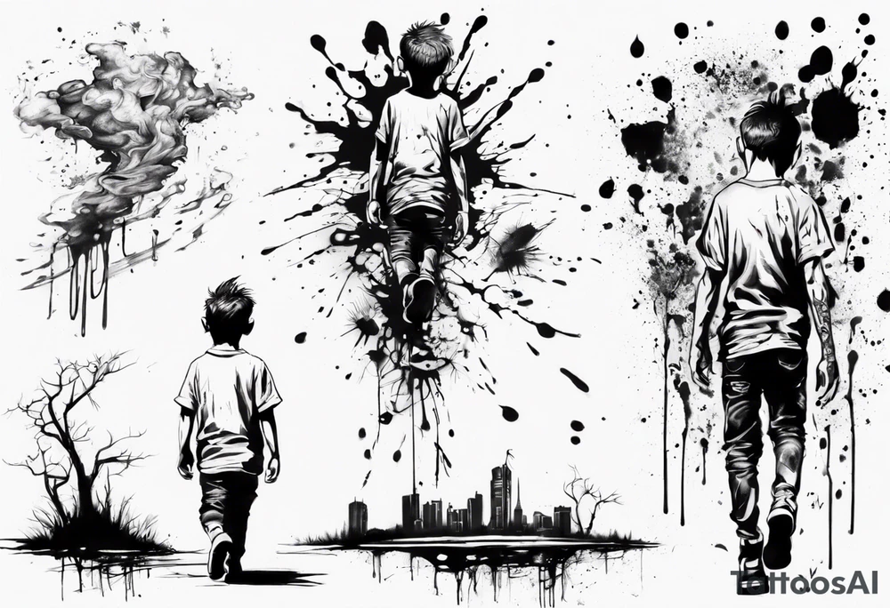 Paint splash drawing a lost boy walking alone tattoo idea