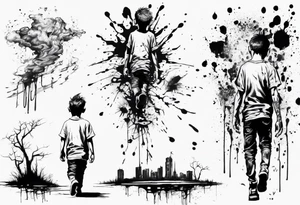Paint splash drawing a lost boy walking alone tattoo idea
