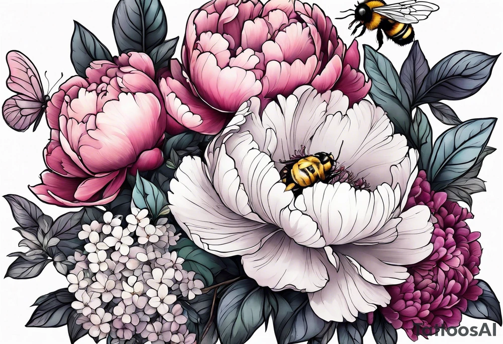 Bouquet of peony with hydrangea and leaves and a bumblebee lilac flowers tattoo idea