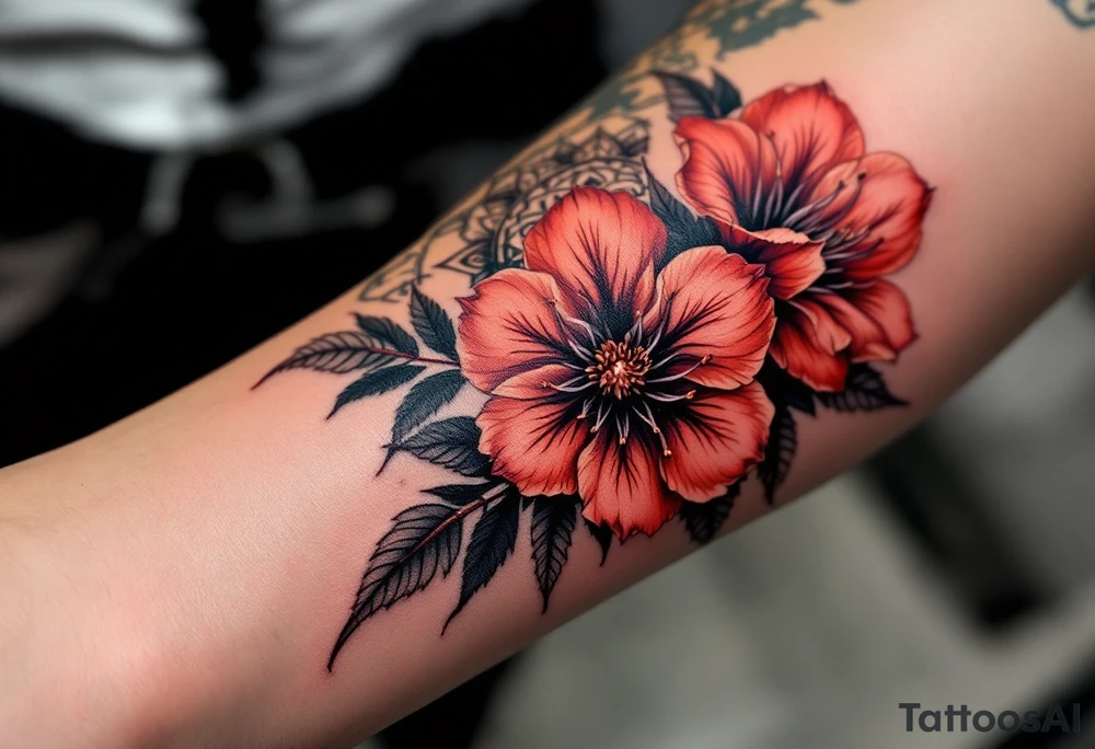 red  and black rhododendron trippy with mandala behind tattoo idea