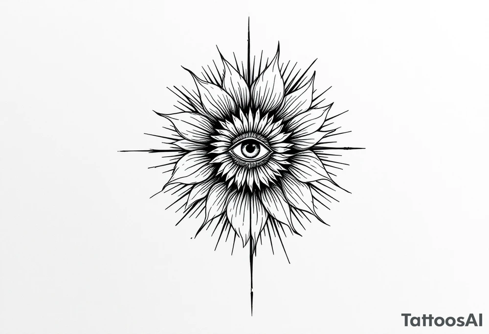 A long flower with leaves and with the centre being an eye and around the petals having black sunrays tattoo idea