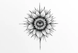 A long flower with leaves and with the centre being an eye and around the petals having black sunrays tattoo idea