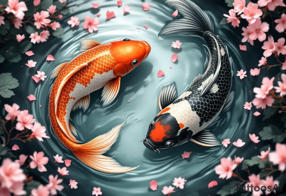 Koi Duo in Cherry Blossom Stream – A pair of koi, one orange, one black, flowing together through a river filled with scattered cherry petals. tattoo idea