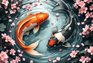 Koi Duo in Cherry Blossom Stream – A pair of koi, one orange, one black, flowing together through a river filled with scattered cherry petals. tattoo idea