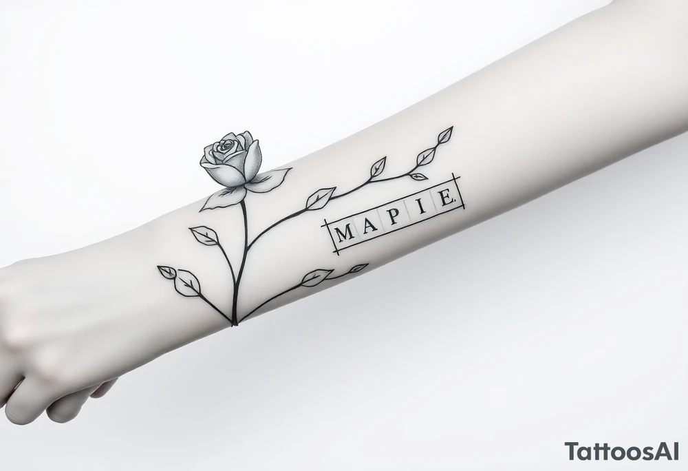 Rose on hand with vine wrapping around arm coming across to peck with family’s name on my peck in crossword tattoo idea