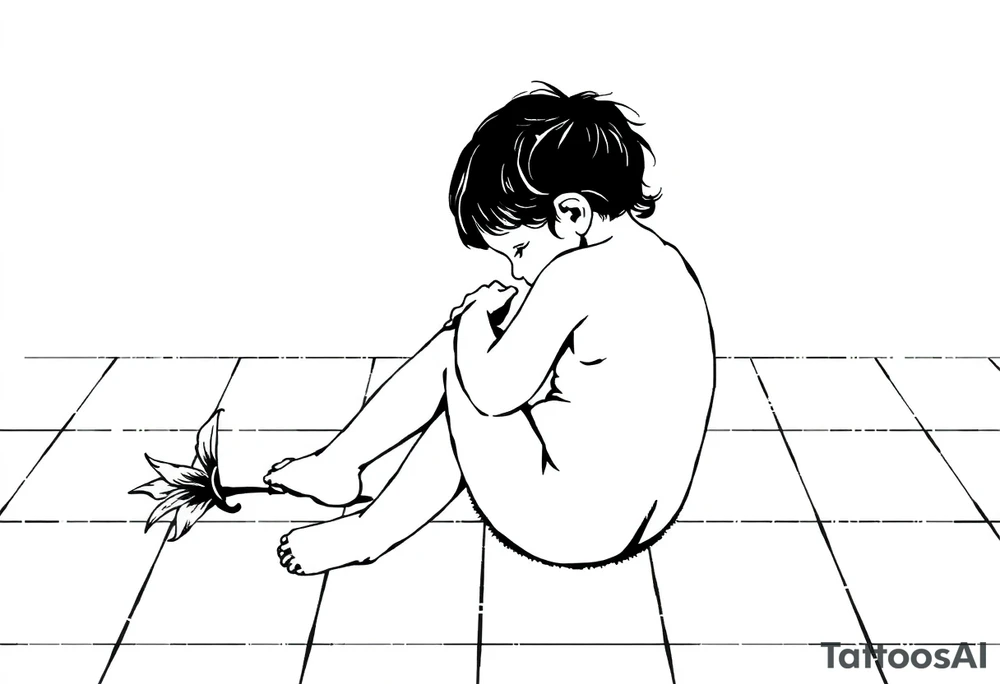 A simple tile floor with a minimalist silhouette of a curled up child sitting on the floor with a lily next to her tattoo idea
