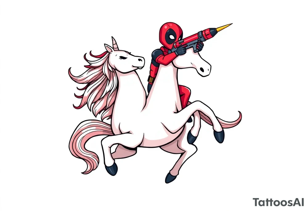 Deadpool riding a unicorn shooting Russian era rocket launcher tattoo idea