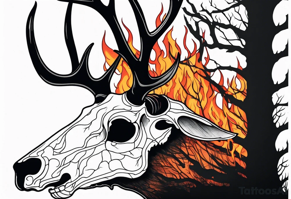 Scary side profile of a DECAYING deer skull JUST BONE surrounded by a flames and trees in background tattoo idea