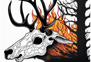 Scary side profile of a DECAYING deer skull JUST BONE surrounded by a flames and trees in background tattoo idea