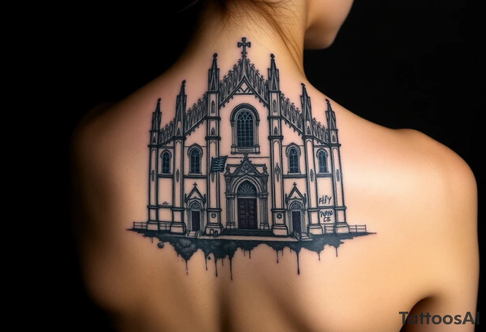 Milan Cathedral damaged and covered in graffiti, large tattoo tattoo idea