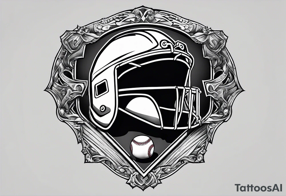 baseball home plate with a catcher helmet on a black background tattoo idea