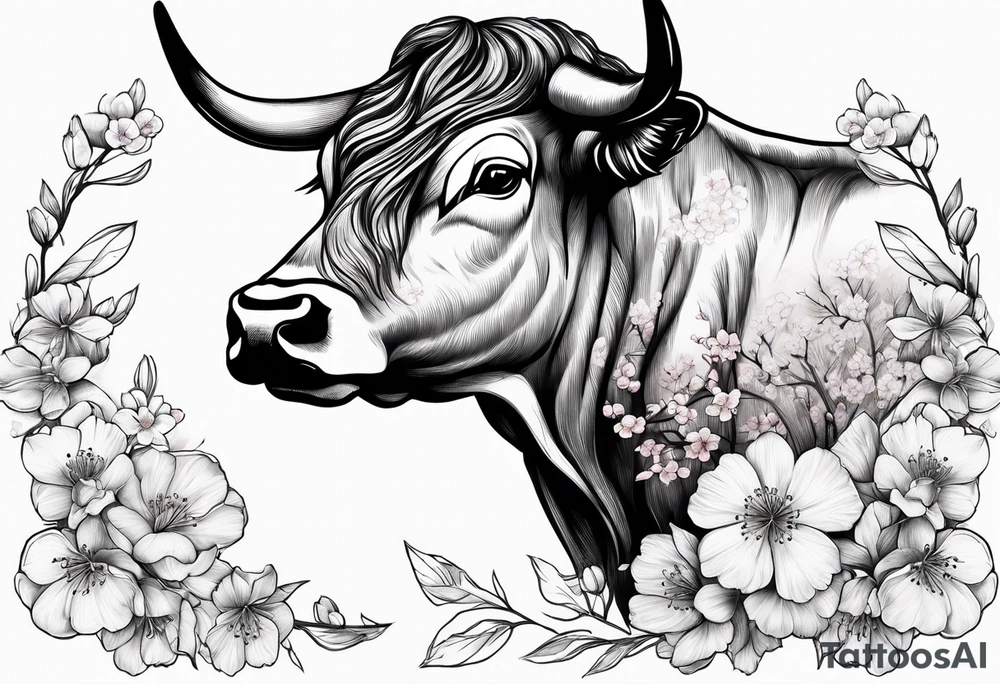 ox with sakura flowers tattoo idea