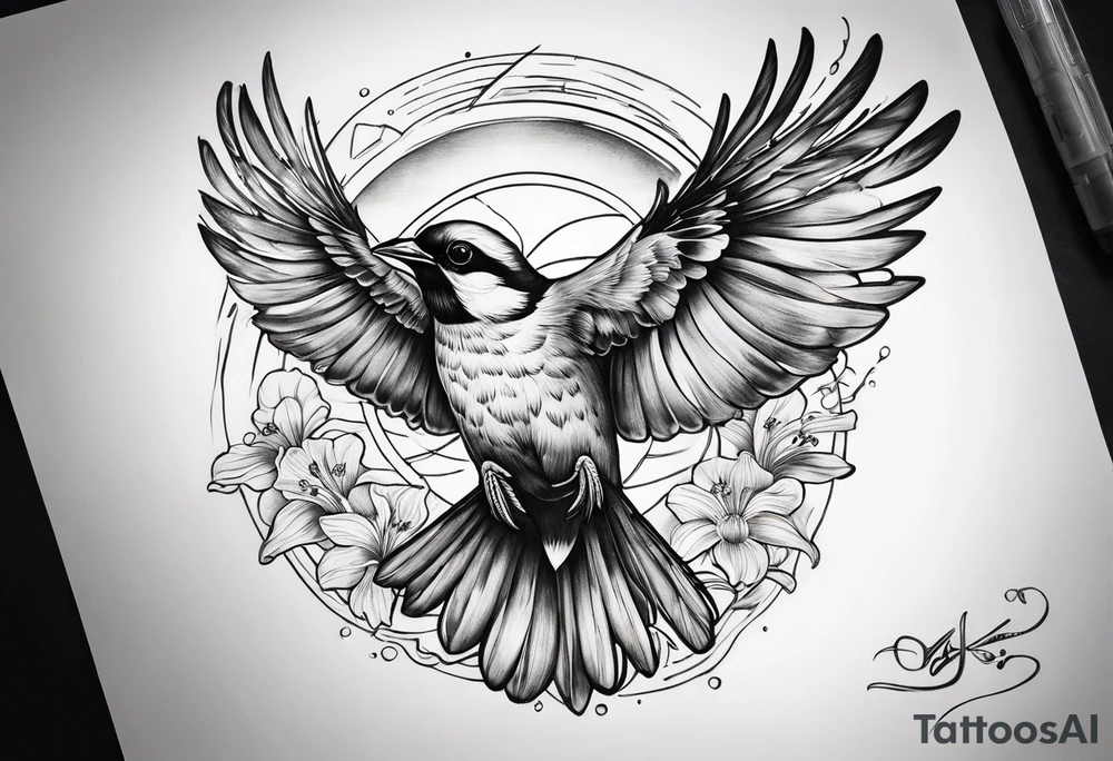 one flying
sparrow, sunrays,
make it a neck sleeve
add in a cosmos, iris, daisy, poppy and larkspur tattoo idea