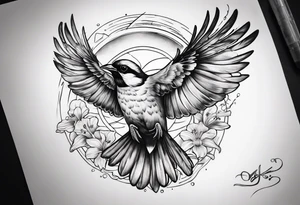 one flying 
sparrow, sunrays, 
make it a neck sleeve
add in a cosmos, iris, daisy, poppy and larkspur tattoo idea