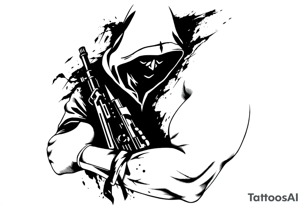 Minimalist covert operative symbolism representing loyalty and survival, faceless soldier silhouette emerging from darkness, torn fabric, subtle scars, controlled posture, black and grey realism, emotional restraint, understated strength, tattoo sleeve element. tattoo idea