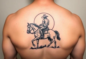 Cowboy riding a horse
 against a sunset tattoo idea